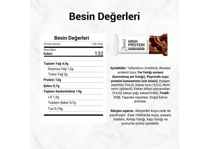 Kakao Parçacıklı Fındıklı Yüksek Proteinli Bar (12 adet x 35gr) - Zbarz
