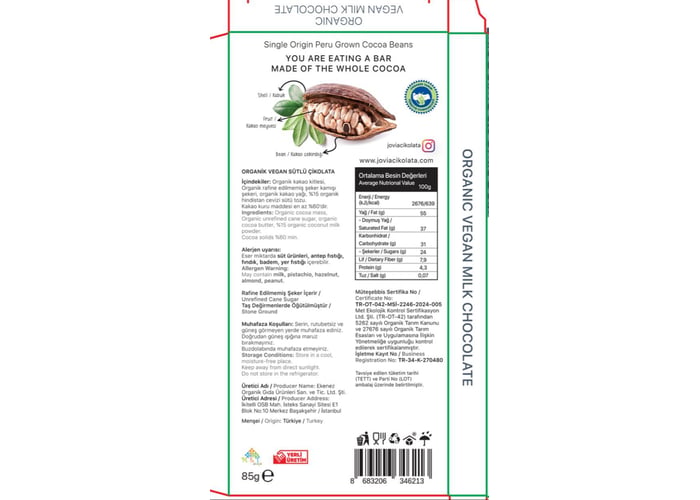 Organik Çikolata (Vegan Sütlü, 85gr) - Jovia