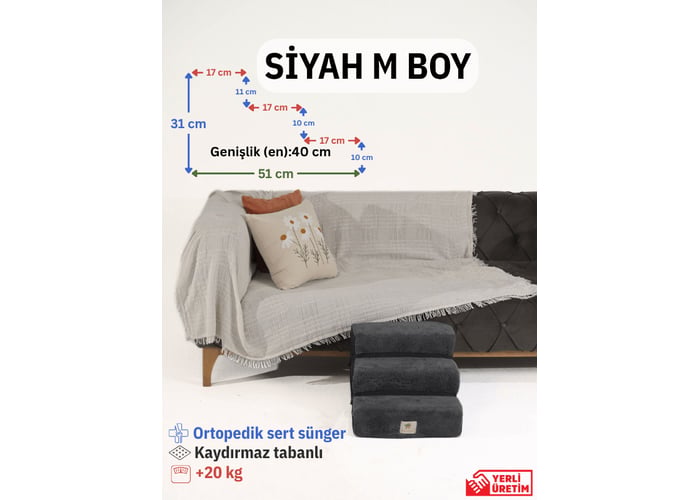 Ortopedik Yumuşak Basamaklı Fermuarlı Kedi ve Köpek Merdiveni (Siyah , M) - Holidog