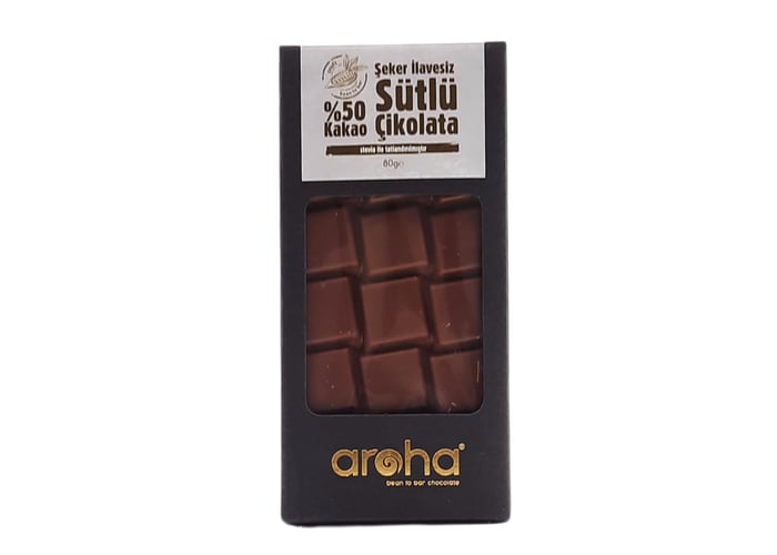 Şekersiz Sütlü Çikolata (%50 Kakao, Stevia ile Tatlandırılmıştır, 80gr) - Aroha