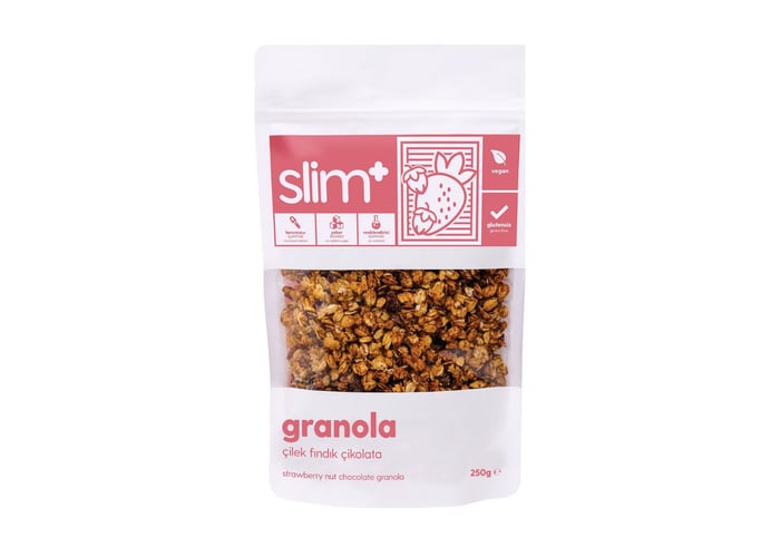 Çikolata, Çilek ve Fındık Vegan, İlave Şekersiz Granola (Glutensiz, 250gr) - Slimplus