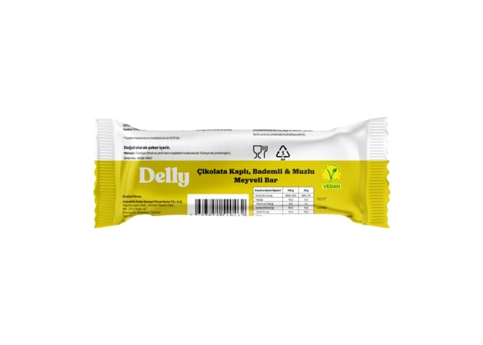Çikolata Kaplı Bademli ve Muzlu Meyveli Bar (35gr) - Delly