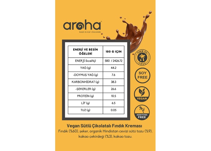 Vegan Sütlü Çikolatalı Fındık Kreması (%60 Fındık, 180gr) - Aroha
