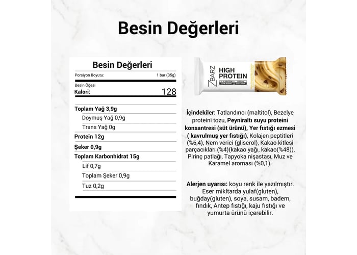 Kakao Parçacıklı Muz ve Karamel Aromalı Yüksek Proteinli Bar (35gr) - Zbarz