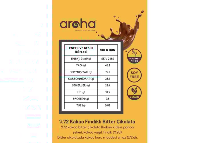 Fındıklı Bitter Çikolata (%72 Kakao, 100gr) - Aroha